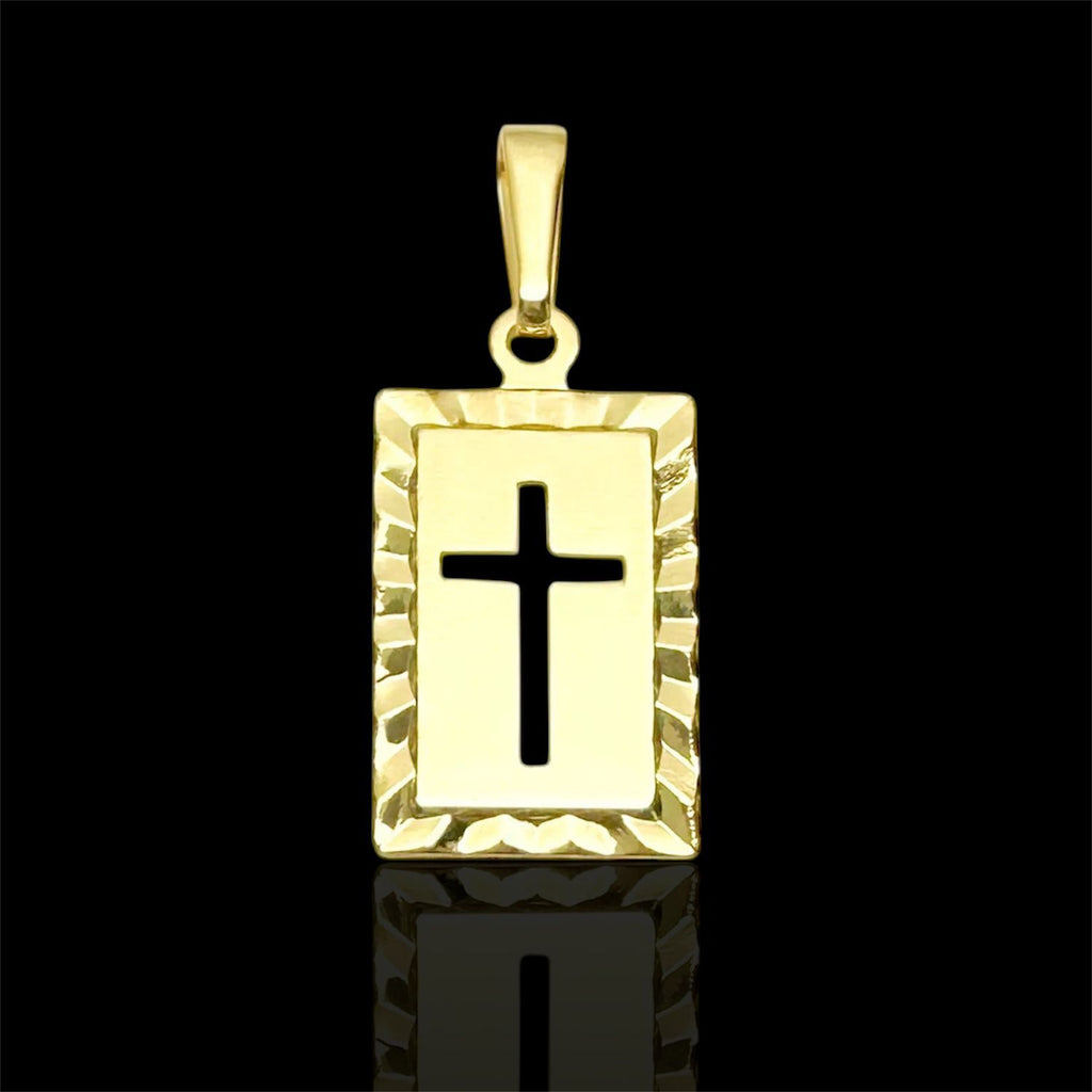 Pingente Retângulo Cruz c/Borda Trabalhada Banhado a Ouro 18k