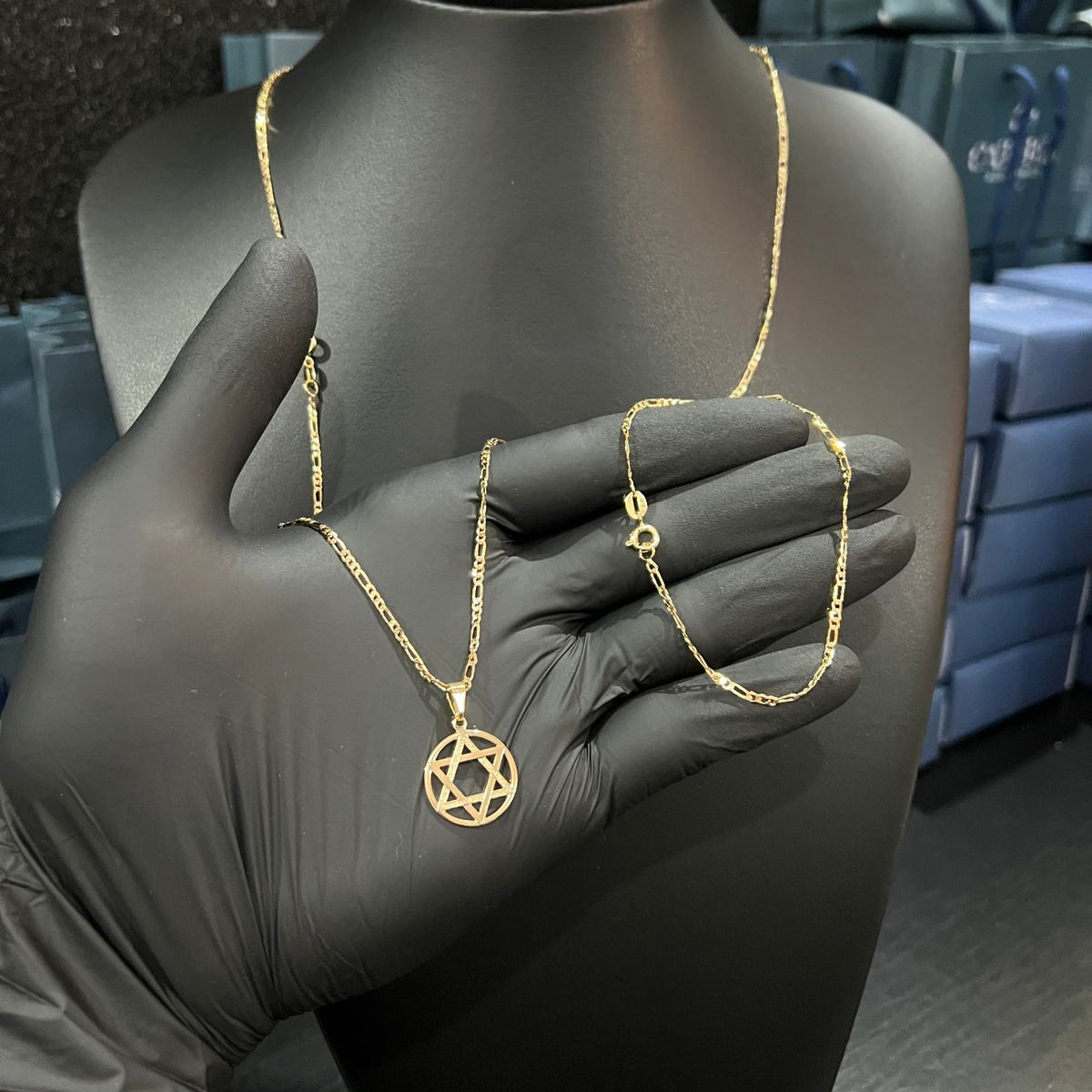 Corrente e Pulseira 3x1 2mm + Ping Estrela de Davi banhado a ouro 18k