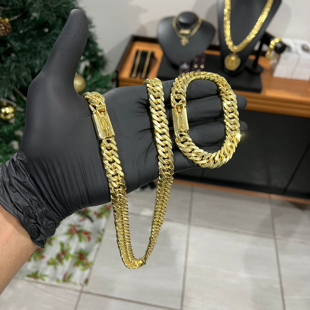 Corrente e Pulseira Grumet Dupla 13mm banhado a ouro 18k