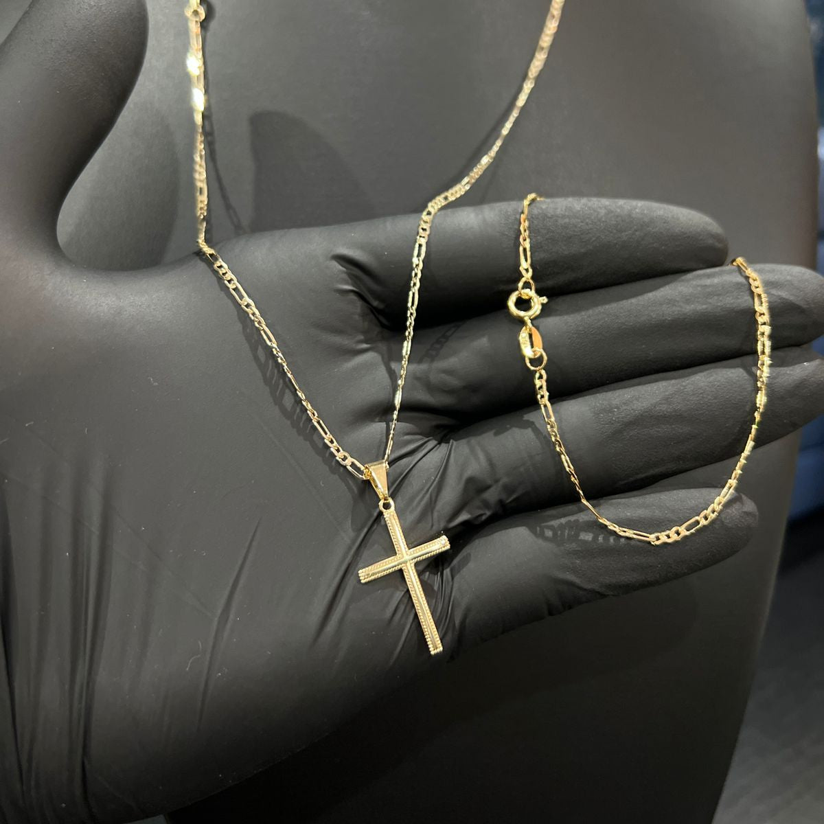 Corrente e Pulseira 3x1 2mm + Ping Cruz Detalhada Banhado a Ouro 18k