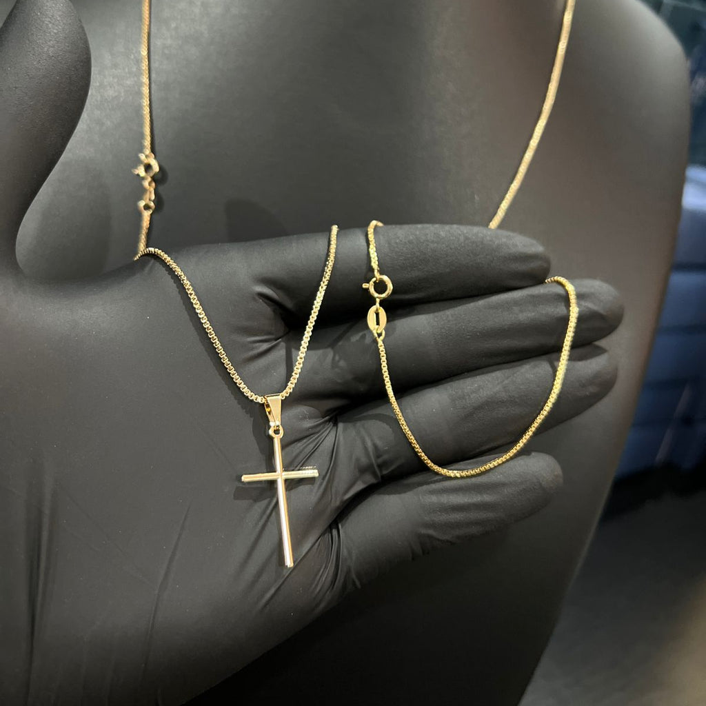 Corrente e Pulseira Veneziana 1mm + Ping Cruz Palito Banhado a ouro 18k