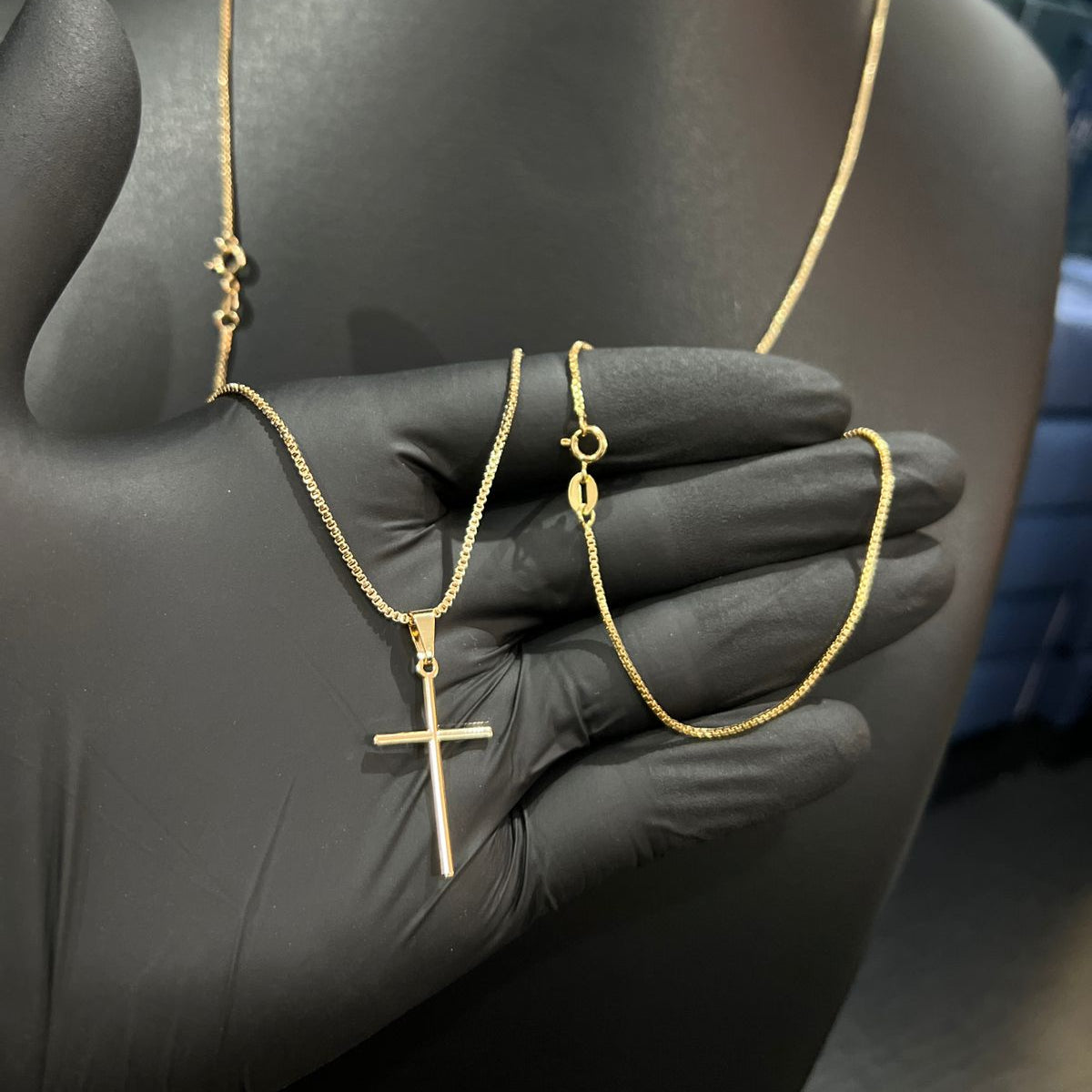 Corrente e Pulseira Veneziana 1mm + Ping Cruz Palito Banhado a ouro 18k